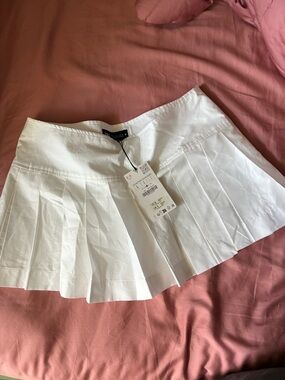 Zara White Pleated Mini Skirt with shorts under